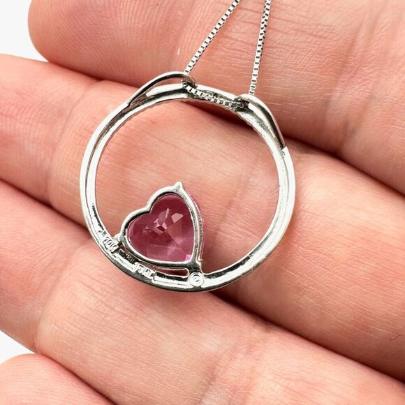 10K White Gold Womens Necklace Pink CZ Heart Circle Pendant 18" Chain 3.7 Grams - Picture 3 of 3